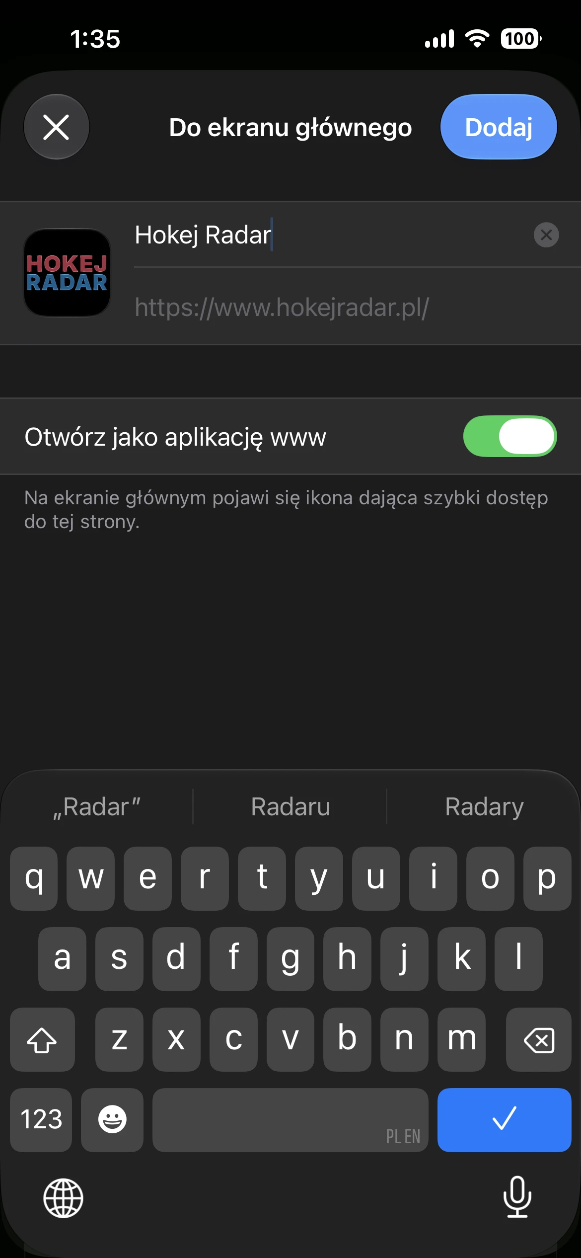 Ekran dodawania Hokej Radaru jako aplikacji na iPhone.